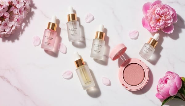 Korean Bloom Skin skincare flat lay with cherry blossom petals and rose-pink cushion on marble