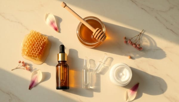 Korean honey skin flat lay — propolis serum dropper bottle, honey jar with wooden dipper, glass ampoule and ceramic cream on cream marble